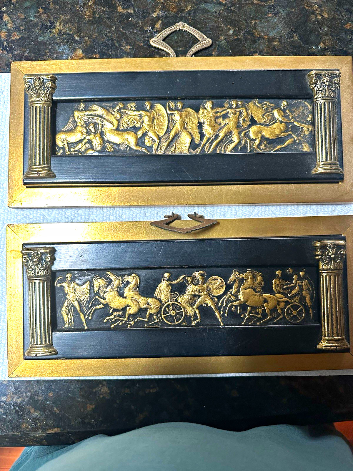 Antique Pair Neoclassical Gilt Metal Horse Chariot Relief Wall Plaques 12