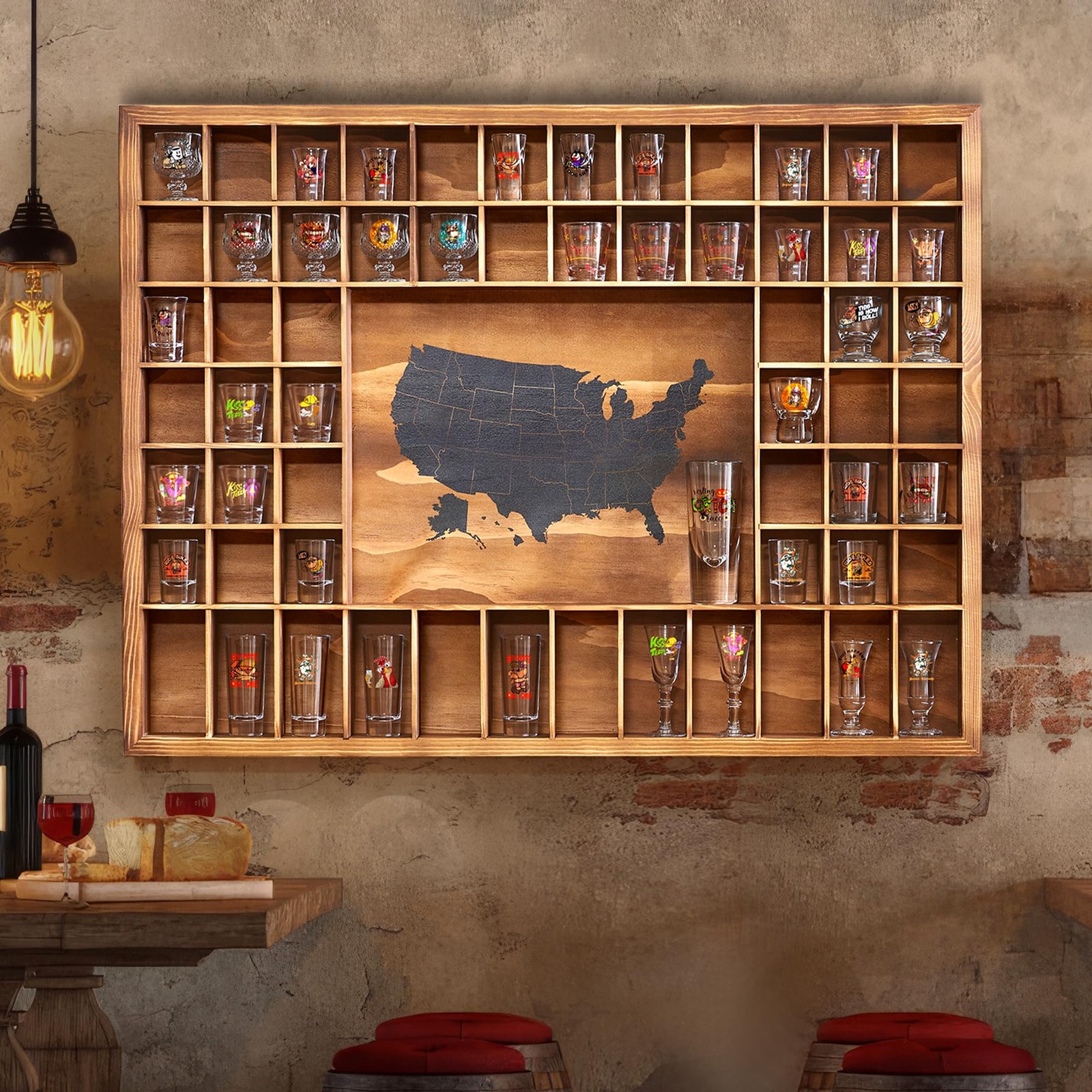 Tristcily Large US Map Shot Glass Display Case 60 Large, Charcoal Burnt Color Tristcily Large US Map Shot Glass Display Case 60 Large, Charcoal Burnt Color