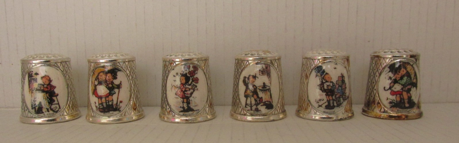 Vintage M J Hummel Silver Plated Thimbles x 6 Limited Edition 1985