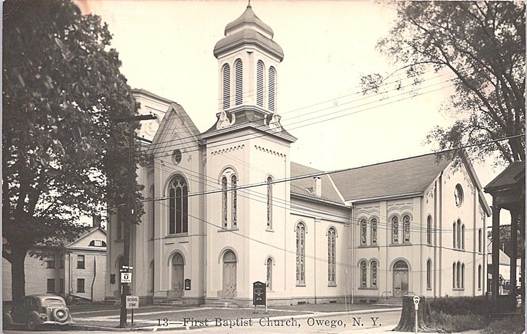 RPPC Owego New York Street View Baptist Church 1950s era