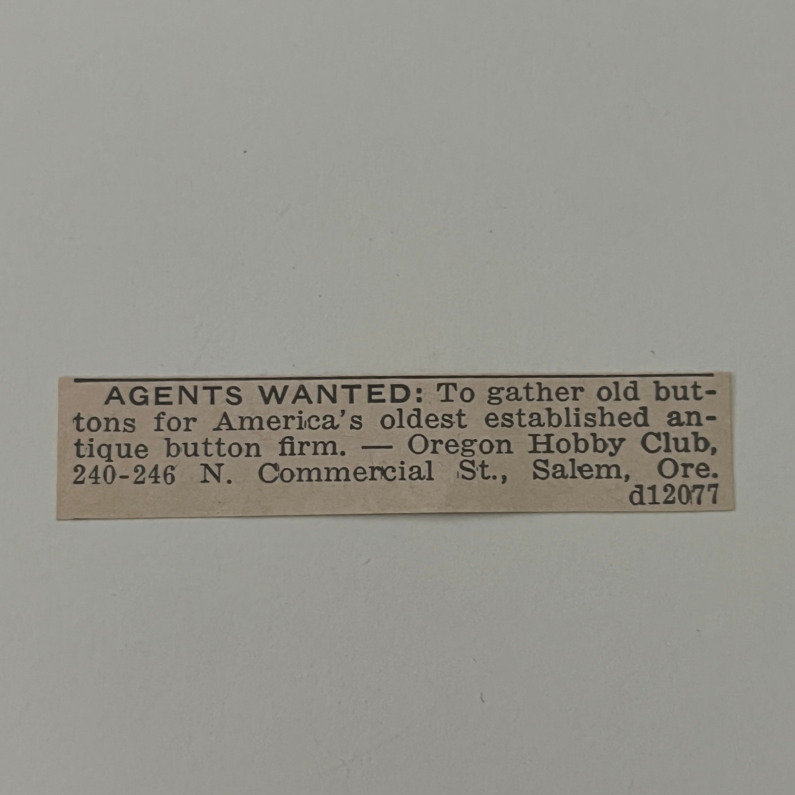 Oregon Hobby Club Agents Wanted Salem OR 1943 Clipping SAI7-S56