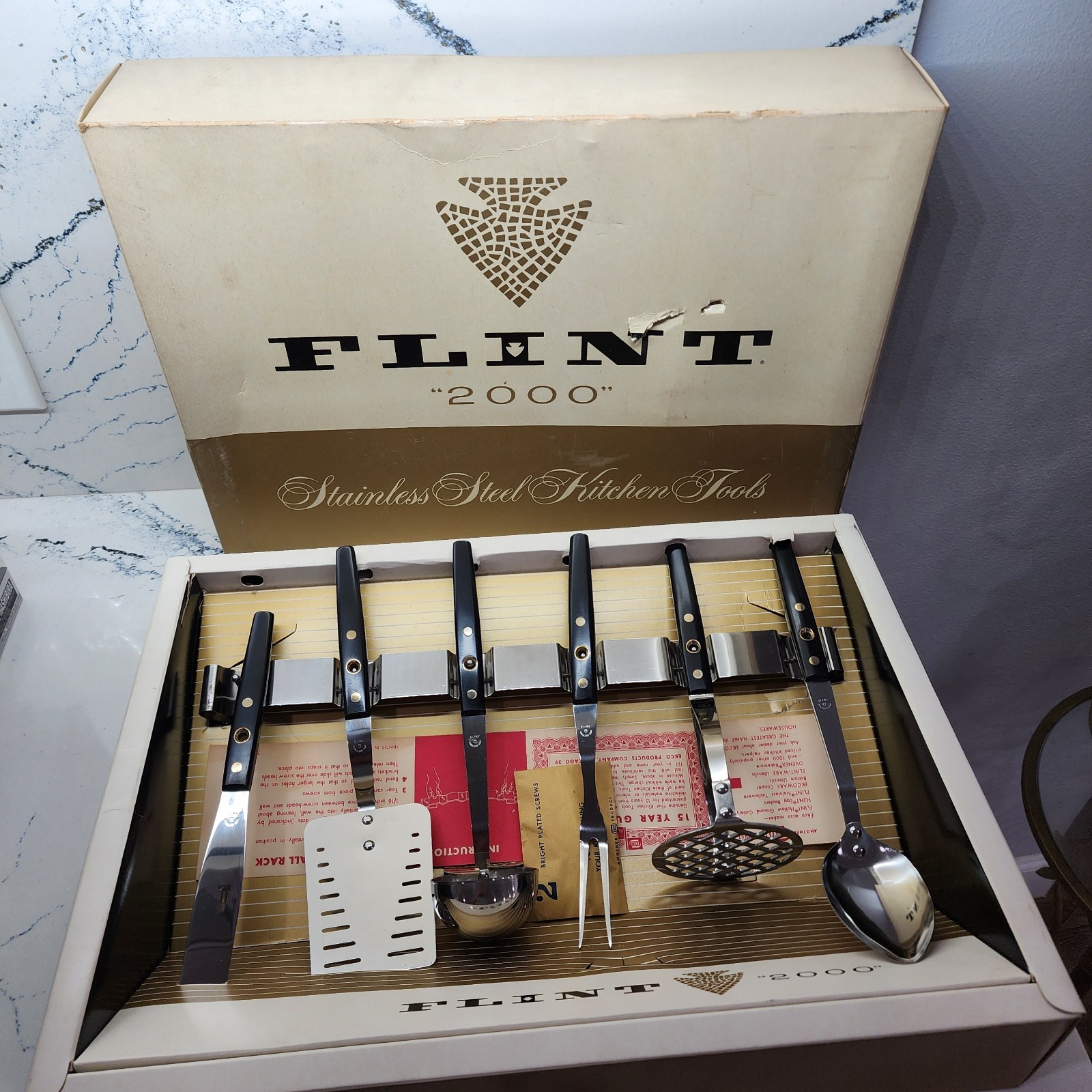 Vintage NOS Ekco Flint 2000 Stainless Steel Utensil Set 7 Pc w/ Rack
