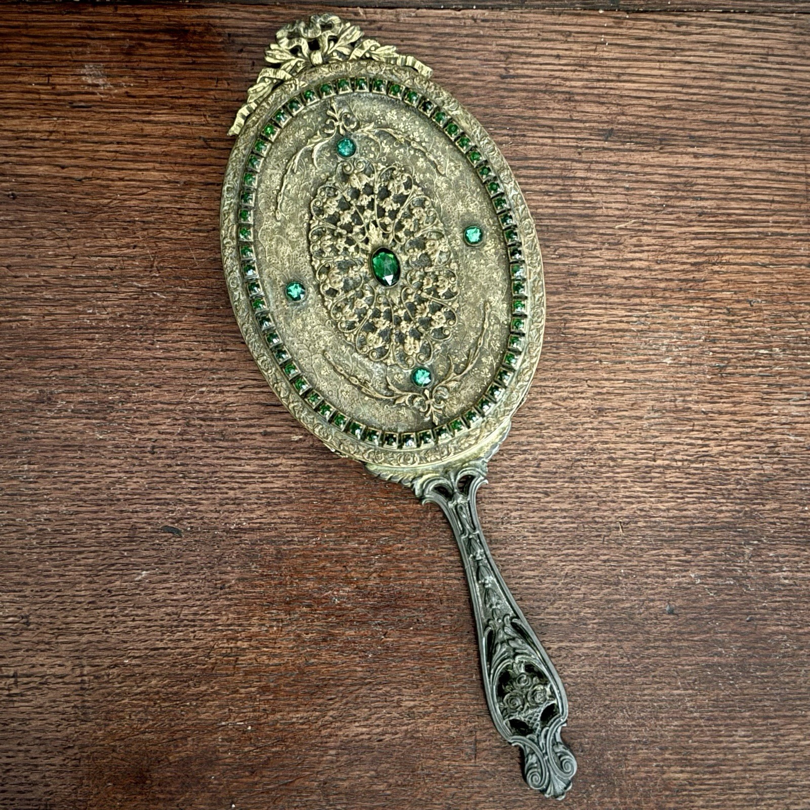 Antique E & JB Empire Art Gold Hand Mirror 1920s Green Jeweled Filigree Vanity