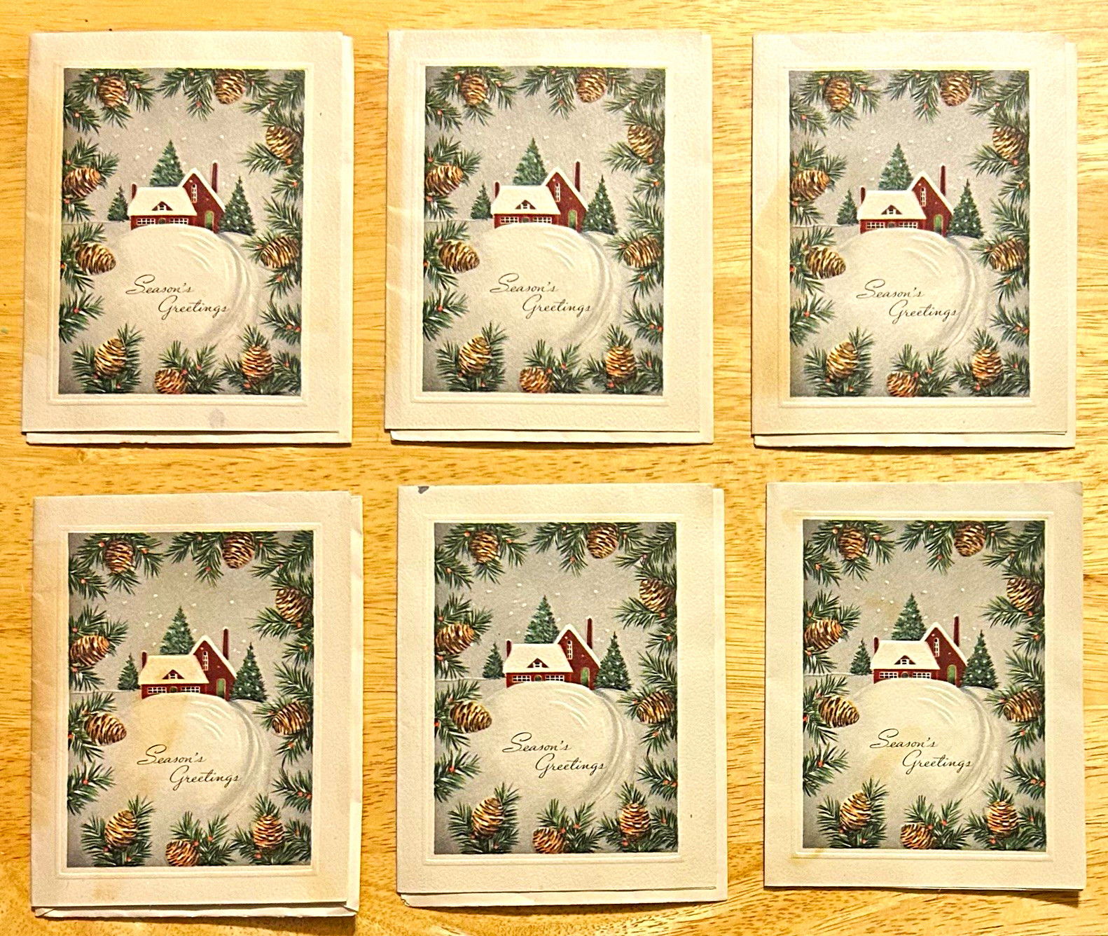 VINTAGE Embossed Christmas Cards Lot of 6 Snowy House Pinecone Border Envelopes