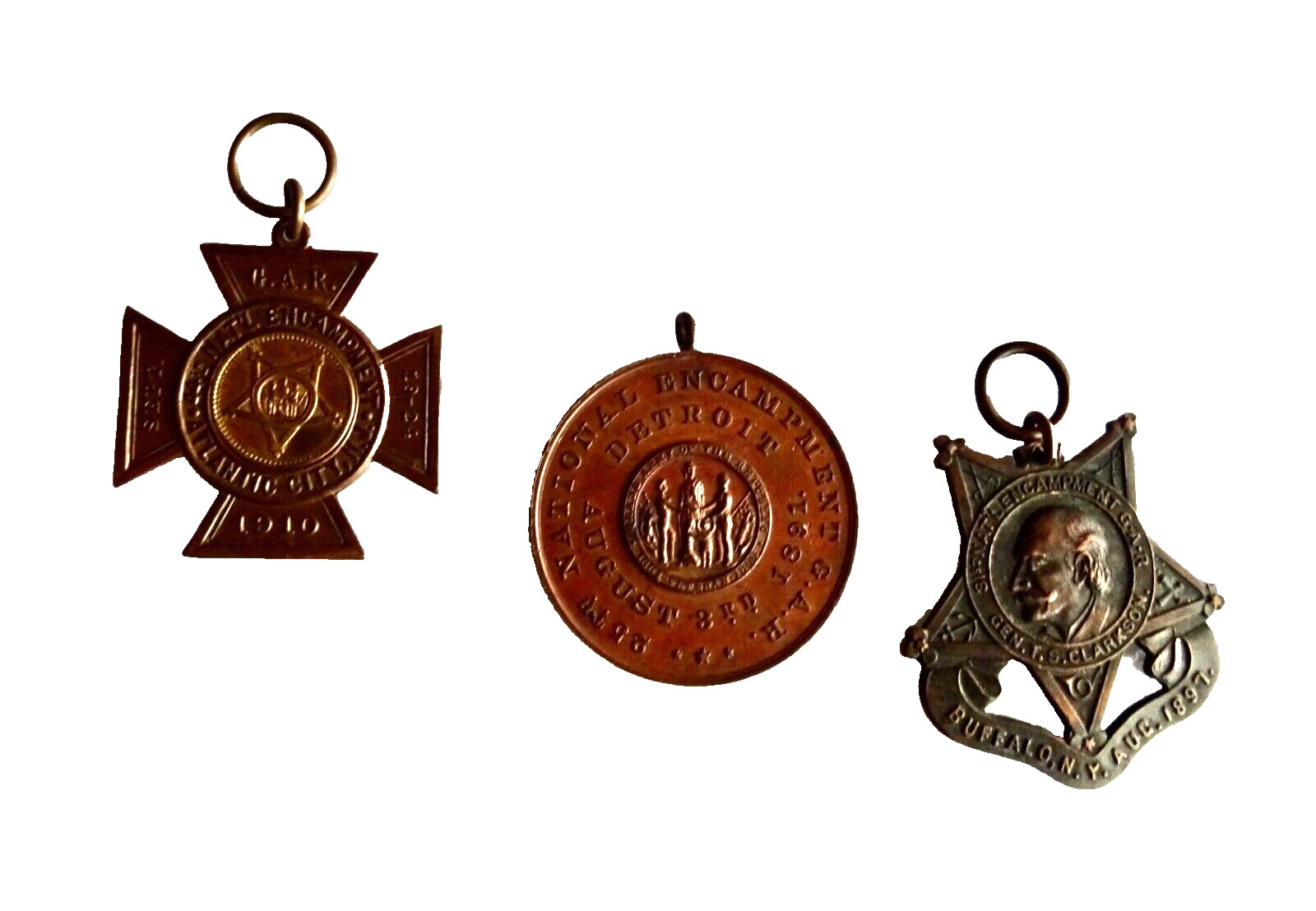 gAR NATIONAL ENCAMPMENT 3 MEDAL LOT ANTIQUE ARMY VETERANS FRATERNAL ORG neocurio