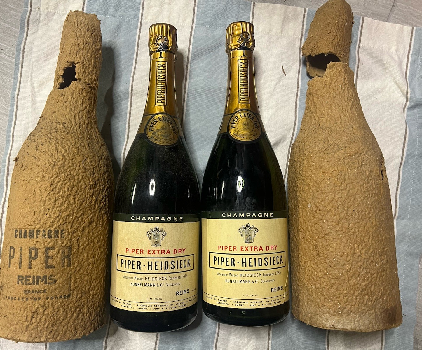 Rare Matching Pair Vintage Piper-Heidsieck Extra Dry Empty Magnums w/ Sleeves