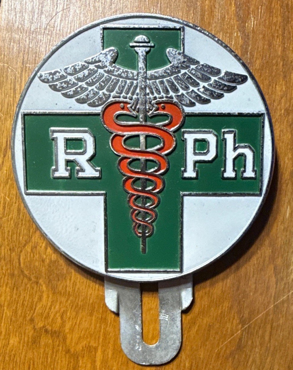 Vintage 1950s Pharmacist Emblem w/ Bracket Brass/Enamel Plate topper