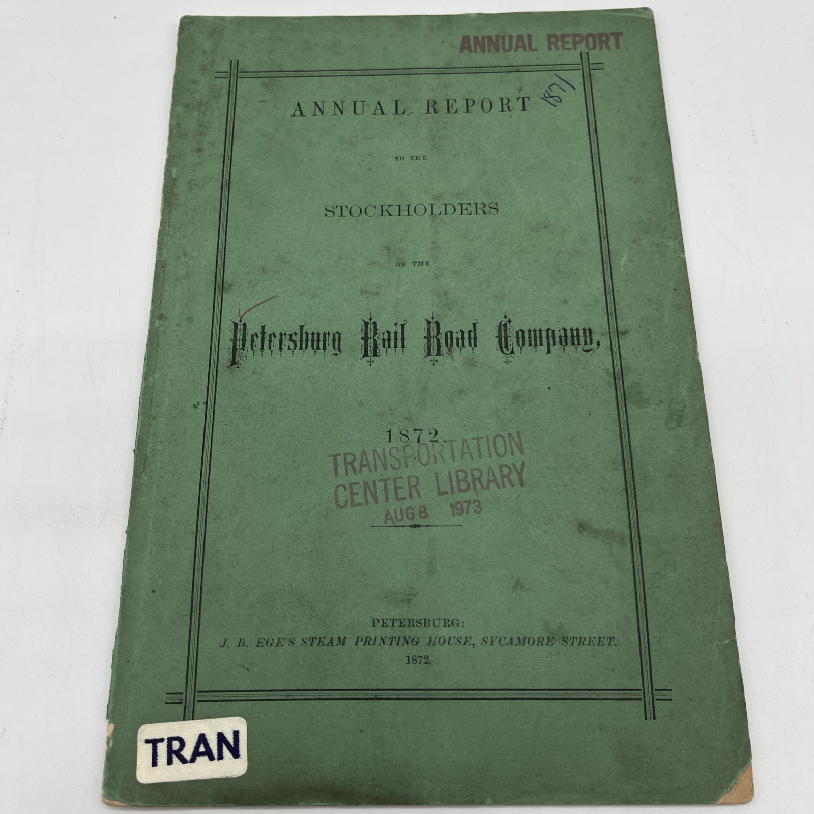 *RARE* Original 1872 Petersburg Railroad Annual Report CSX Predecessor