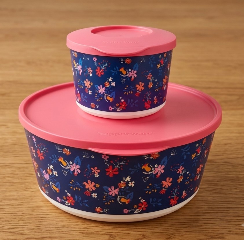 Tupperware Falling For Florals Bowl 18 cup & 3.25 Cup Serving Dish Navy/Pink-NEW Tupperware Falling For Florals Bowl 18 cup & 3.25 Cup Serving Dish Navy/Pink-NEW