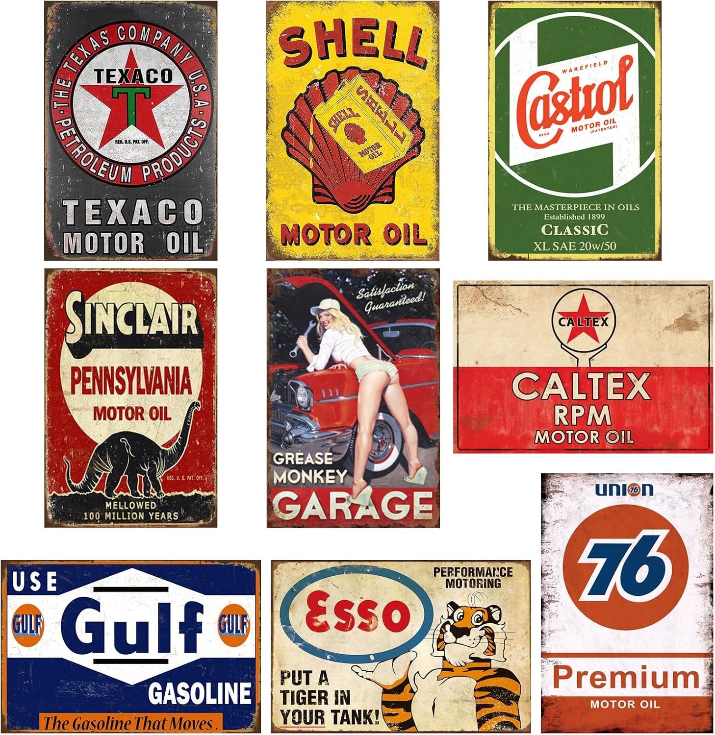 9 PCS Vintage Metal Tin Garage Signs, Retro Oil & Gas Station Wall Decor 9 PCS Vintage Metal Tin Garage Signs, Retro Oil & Gas Station Wall Decor