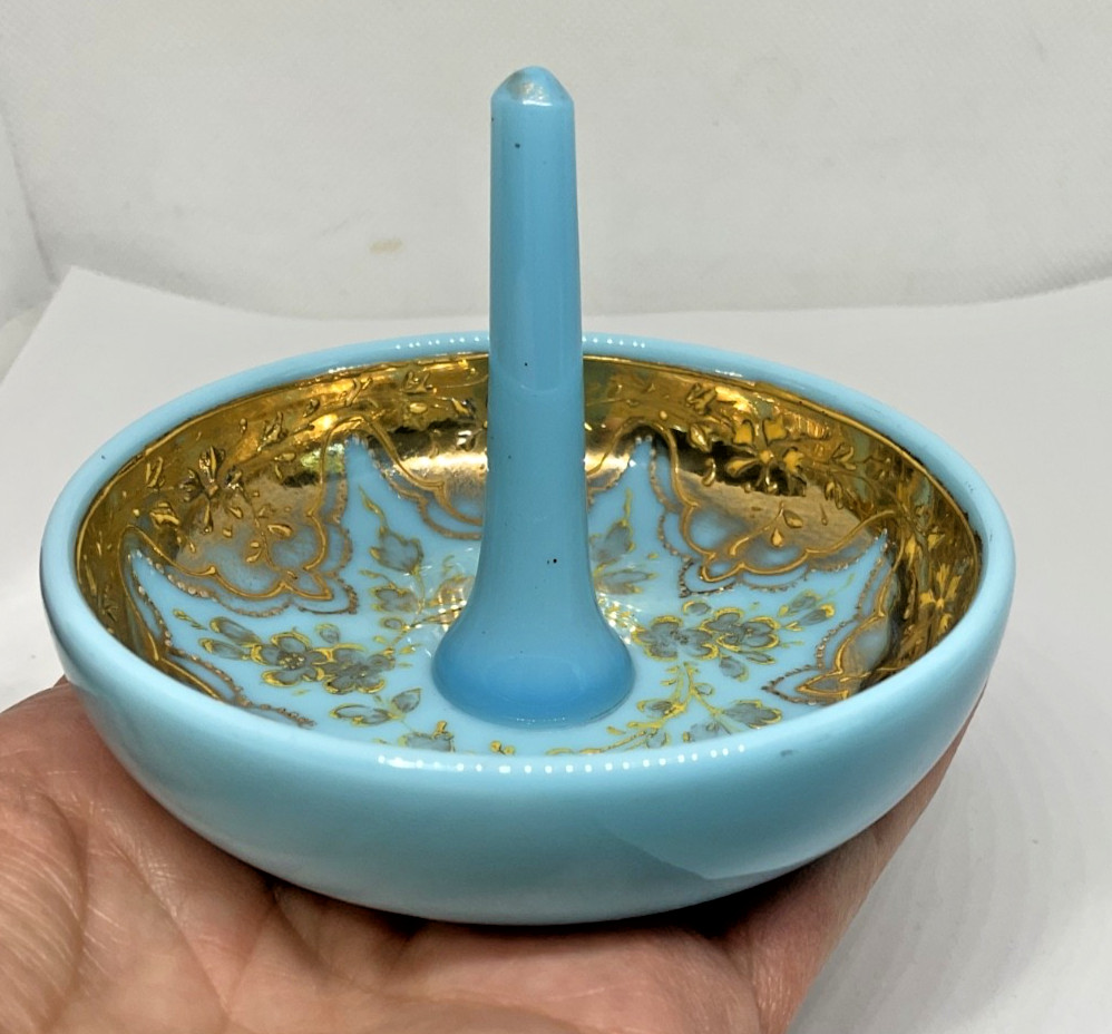 Antique Bristol Blue Opalene Glass with Gold Overlay Ring Holder Antique Bristol Blue Opalene Glass with Gold Overlay Ring Holder