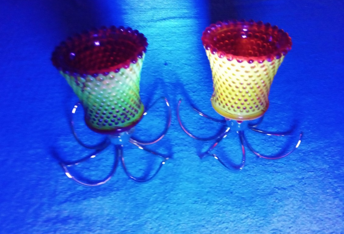 2 Vintage Ruby Red Hobnail Glass Peg Votive Candle Holder Cup Homco - UV Reactiv