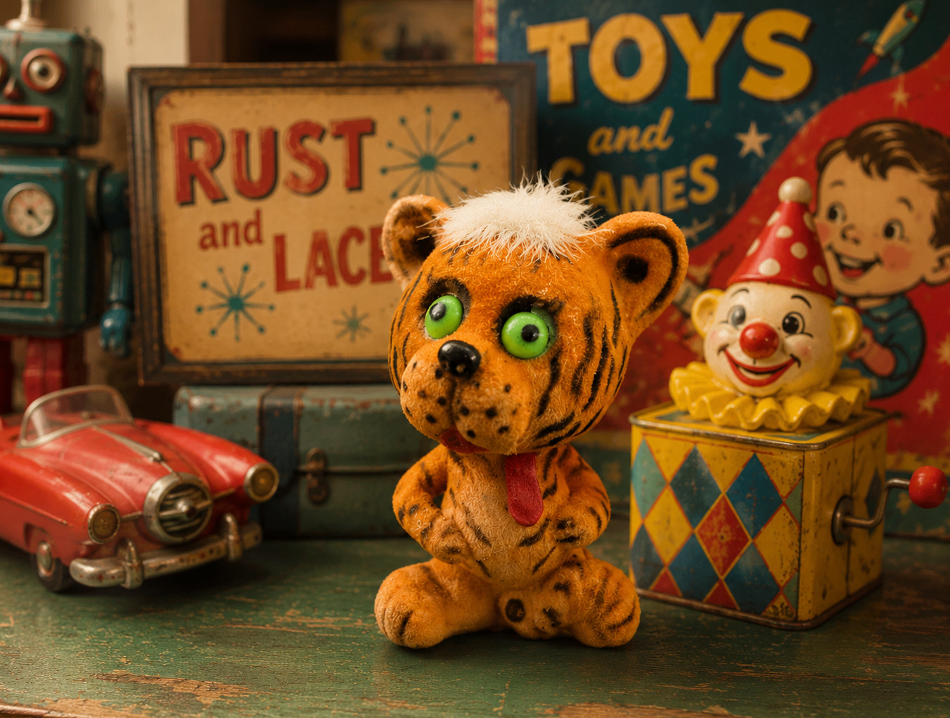 NOS Vintage Hong Kong Tiger Nodder Bobble Head Flocked Green Eyes