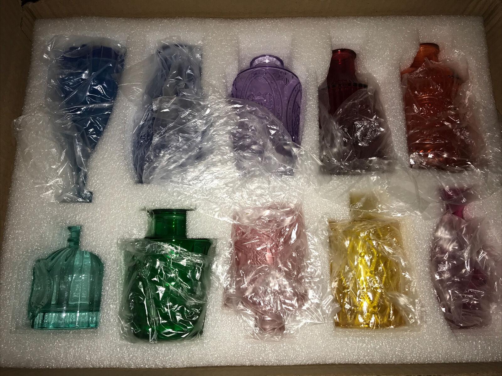 10 Rainbow Colored Glass Bud Vase Bottles Set