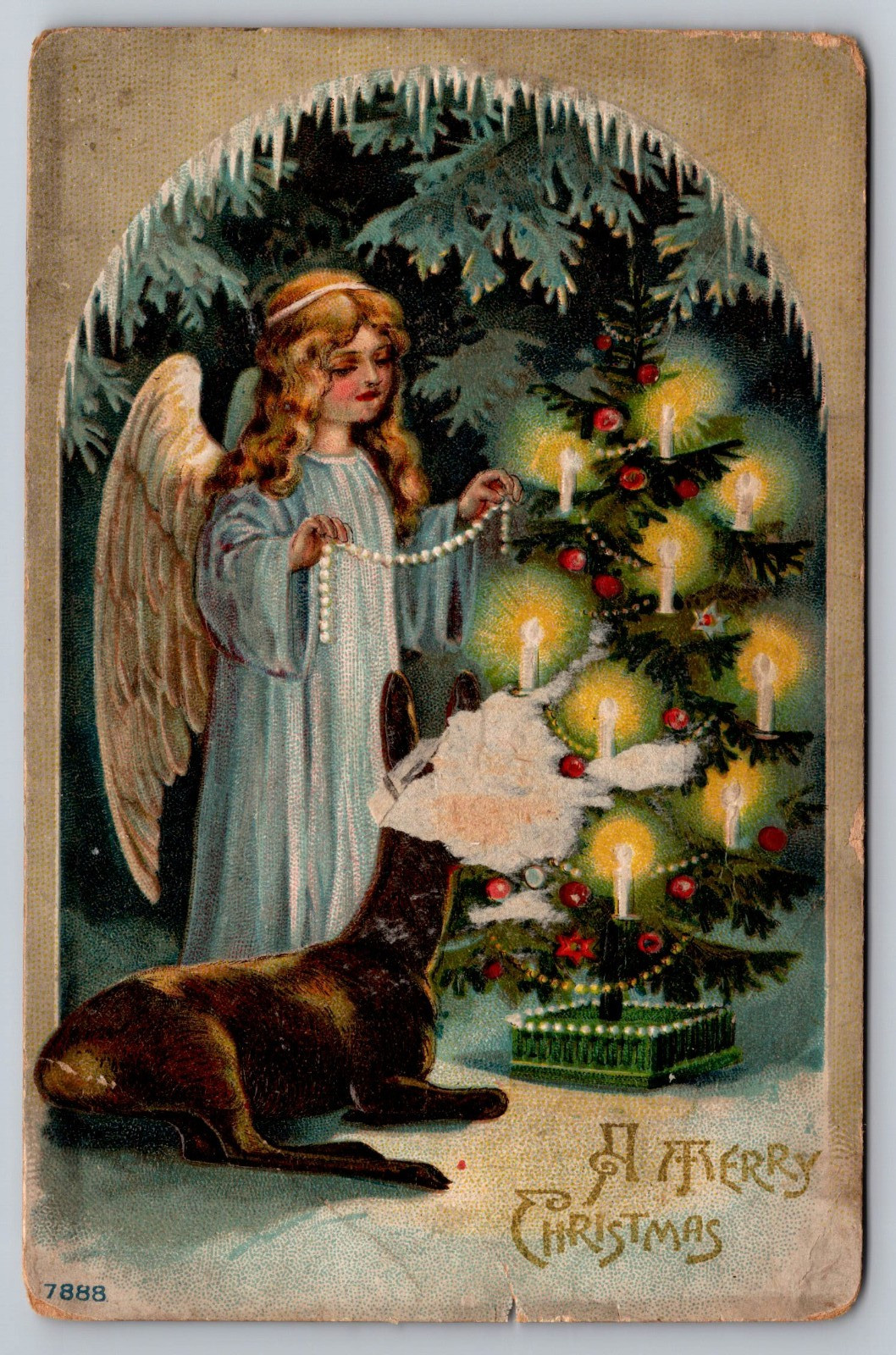 1911 Antique Christmas Postcard Angel Tree Candles Deer AS-IS DAMAGED