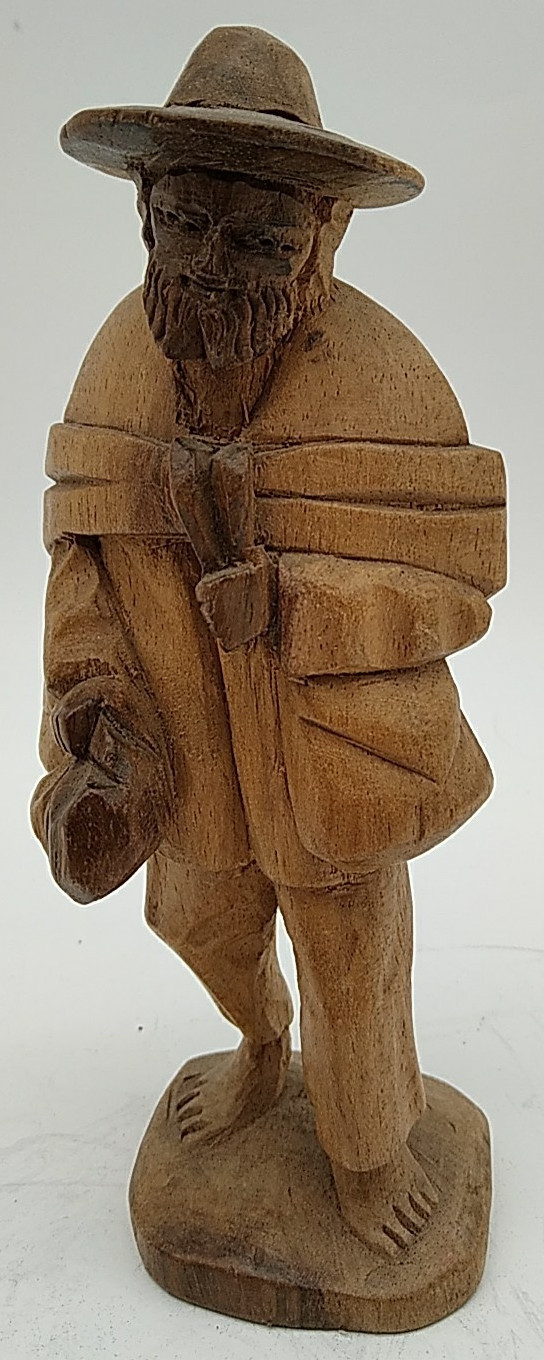 Vtg Wood Carved Old Man Holding Bag Sack Statue Art Sculpture Barefoot Oriental?