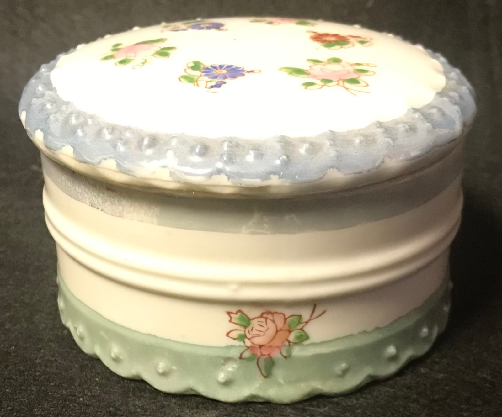 Vintage, Porcelain, Round Lidded Trinket Dish, Light Blue, Green, Floral, Japan Vintage, Porcelain, Round Lidded Trinket Dish, Light Blue, Green, Floral, Japan
