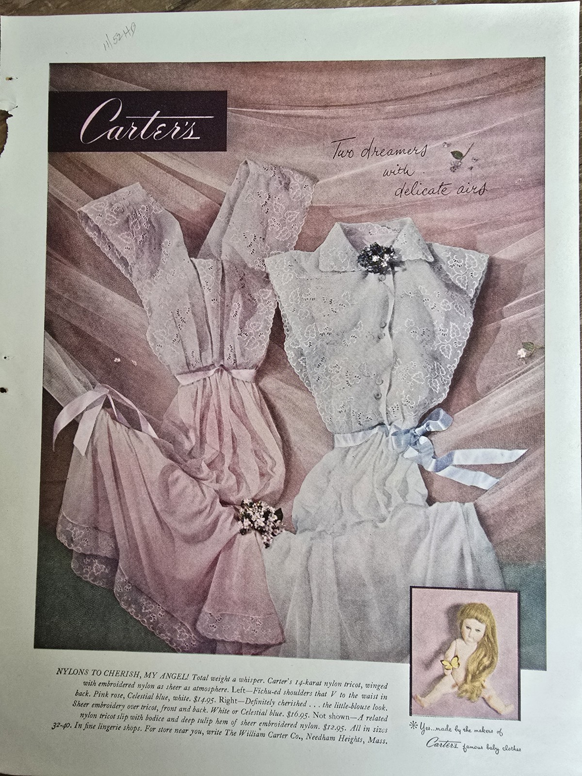 1952 Women's Carter's Pink  White Nylon Gowns Lingerie Vintage Fashion ad
