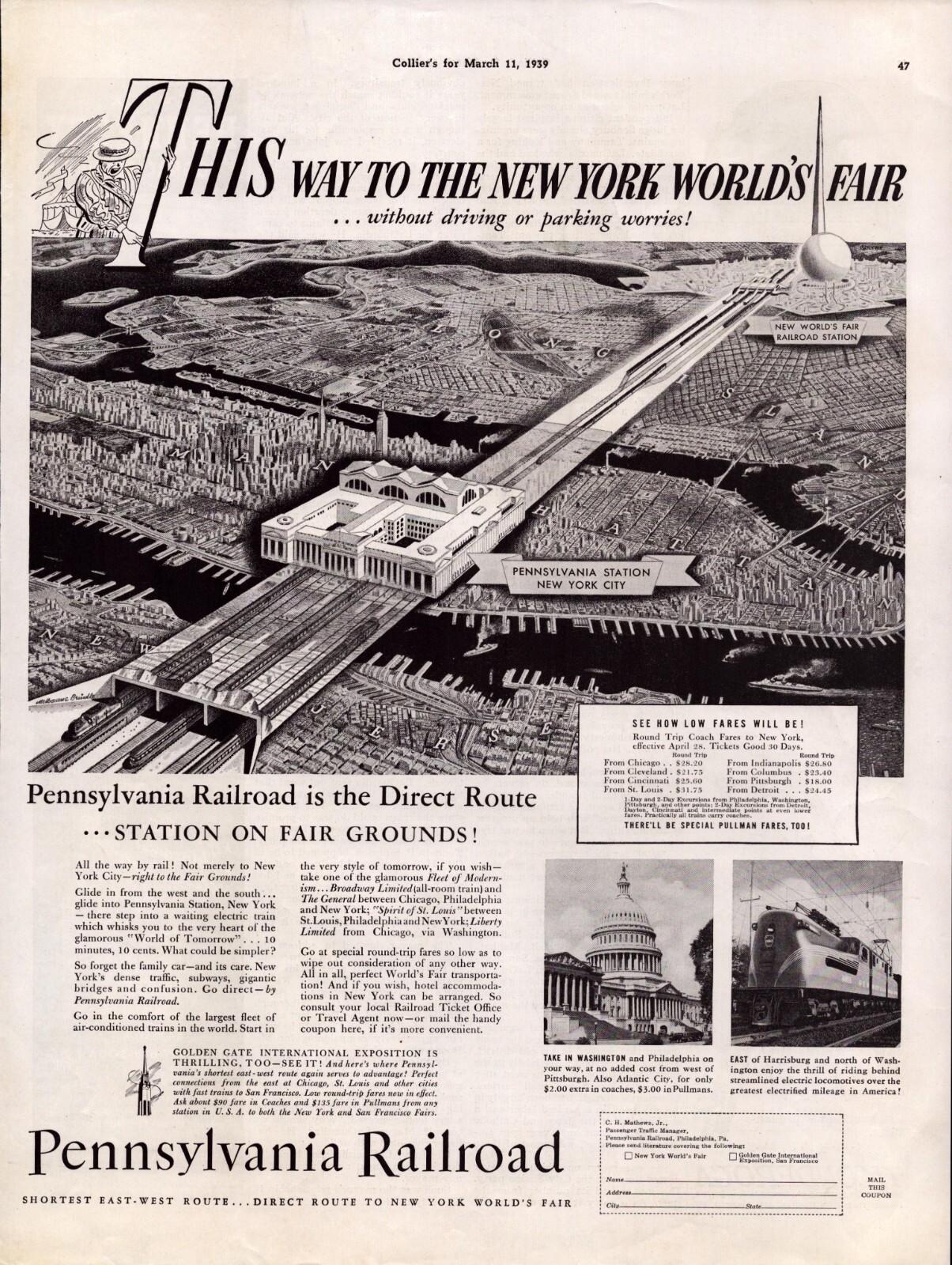 1939 Pennsylvania Railroad New York World\'s Fair Collier\'s Vintage Print Ad-PA2