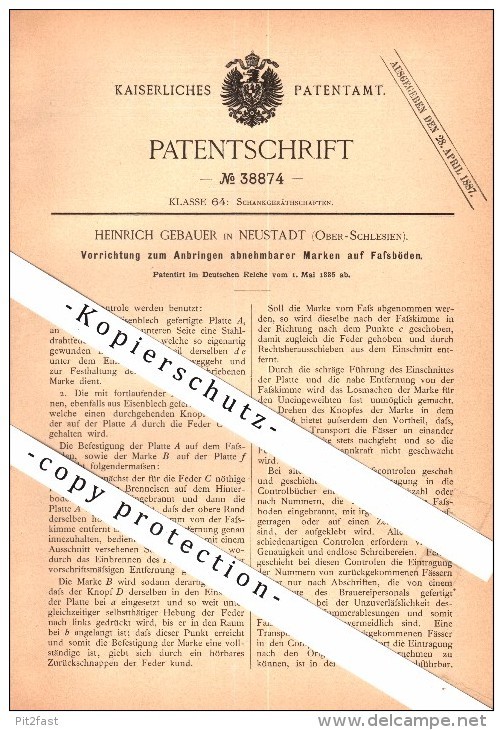 Original patent - Heinrich Gebauer in Neustadt O.S. / Prudnik, 1886, stamps for