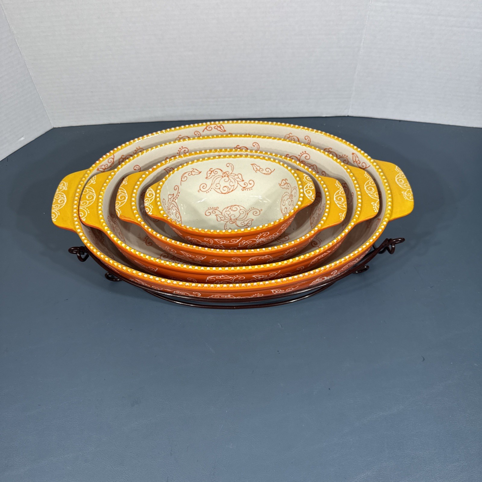 Set of 4 Temp-Tations By Tara, Oval Nesting Serving Dish Floral Lace Orange Pump Set of 4 Temp-Tations By Tara, Oval Nesting Serving Dish Floral Lace Orange Pump