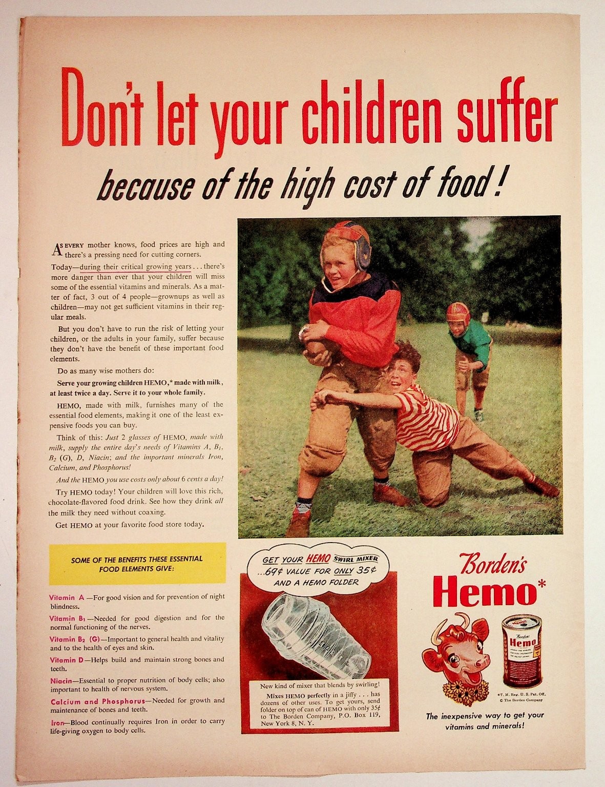 Borden's Hemo Vintage Ad 1940s 50s Football Kids Elsie the Cow Food Drink Borden's Hemo Vintage Ad 1940s 50s Football Kids Elsie the Cow Food Drink