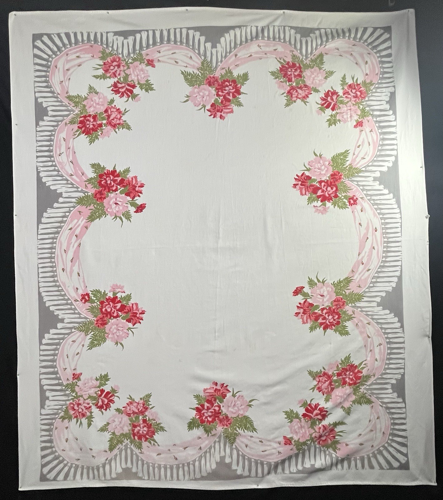 Vintage ‘Simtex’ Rectangular Tablecloth in Pinks & Greys ‘Swag’ Pattern 49”x 56” Vintage ‘Simtex’ Rectangular Tablecloth in Pinks & Greys ‘Swag’ Pattern 49”x 56”