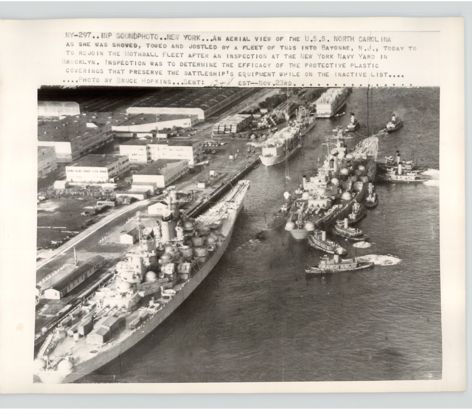 USS North Carolina Towed to Mothball Fleet Bayonne New Jersey 1948 Press Photo USS North Carolina Towed to Mothball Fleet Bayonne New Jersey 1948 Press Photo