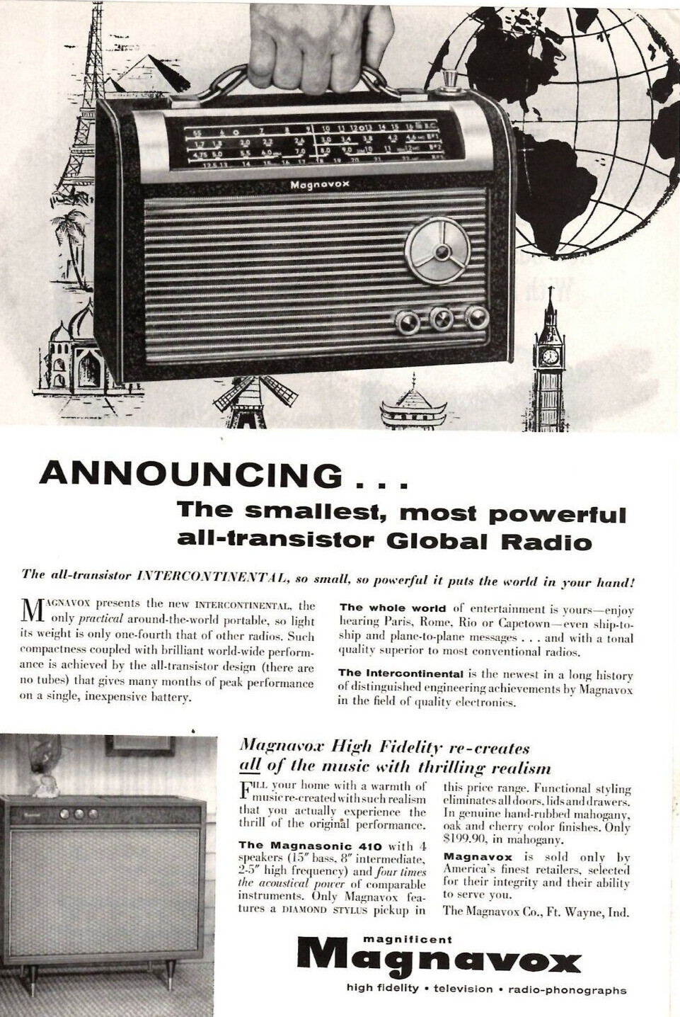 1957 Print Ad Magnavox All-Transistor Intercontinental Global Radio Hi-Fidelity 1957 Print Ad Magnavox All-Transistor Intercontinental Global Radio Hi-Fidelity