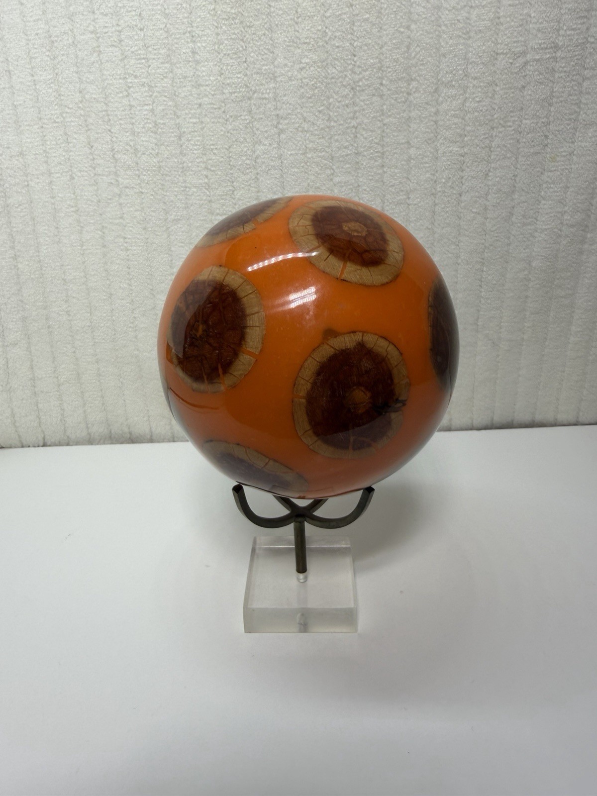 Vintage Retro Orange Wood & Resin Mosaic Sphere Ball 4” Radius VG RARE FIND