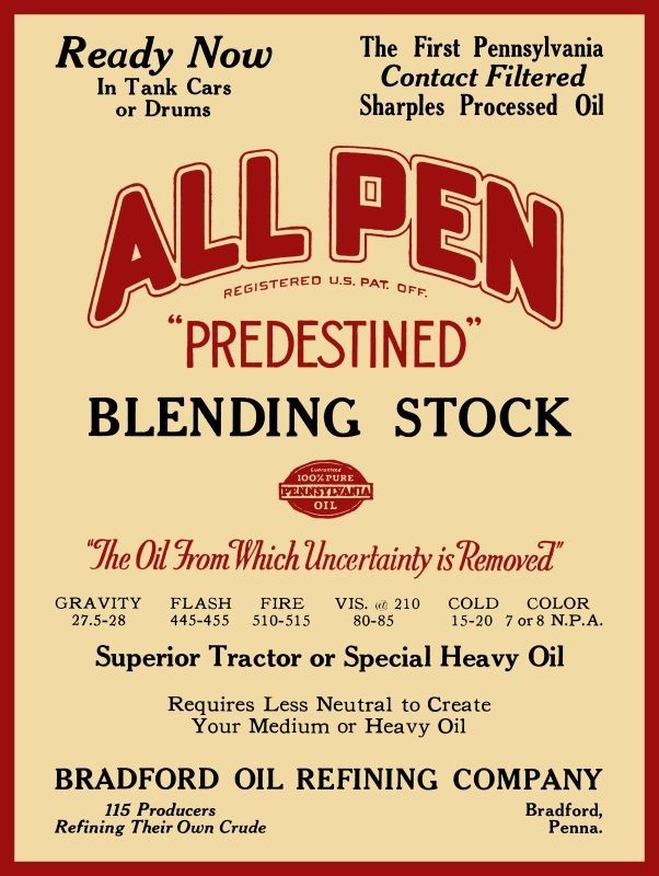1927 Bradford Oil Refining All Pen Motor Oil NEW Metal Sign: 12x16