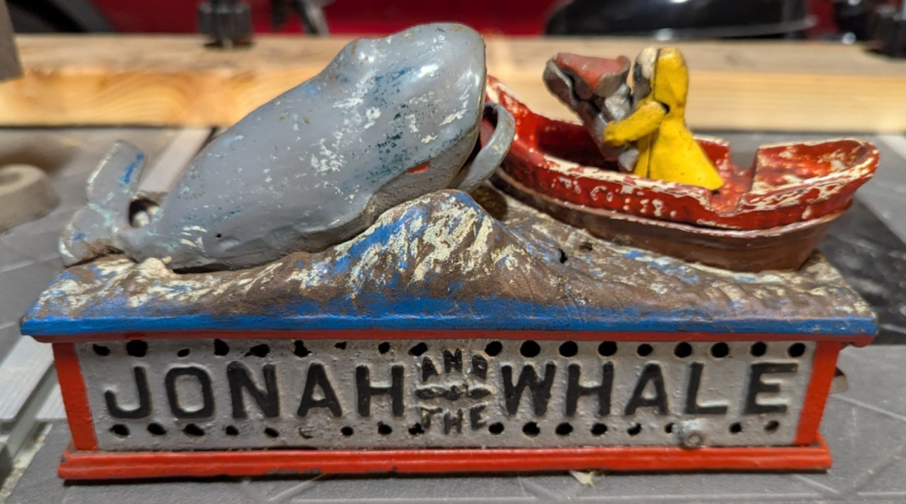 VINTAGE \'Jonah and the Whale\' Cast Iron Mechanical Bank - Reproduction