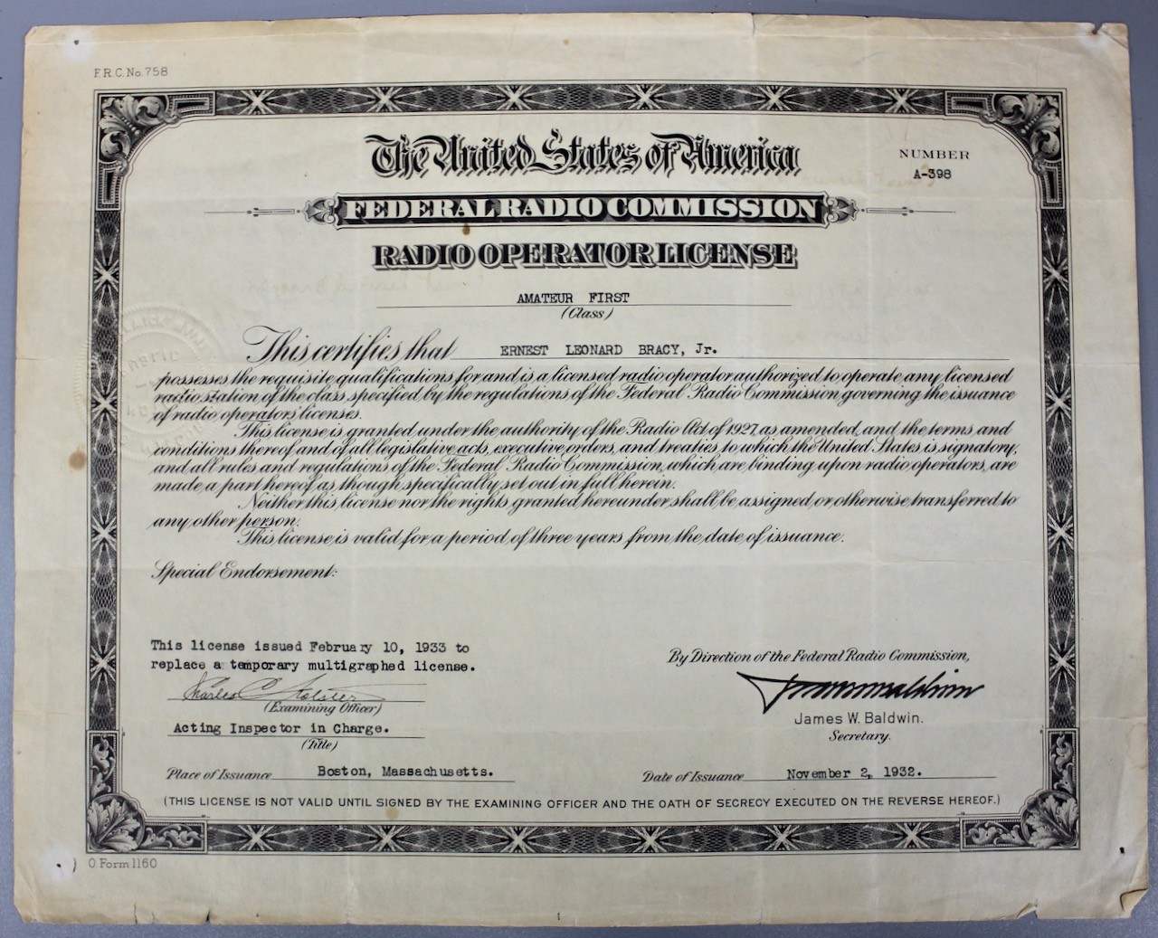 Original 1932 USA Federal Radio Commission Radio Operator License NOT Cancelled Original 1932 USA Federal Radio Commission Radio Operator License NOT Cancelled