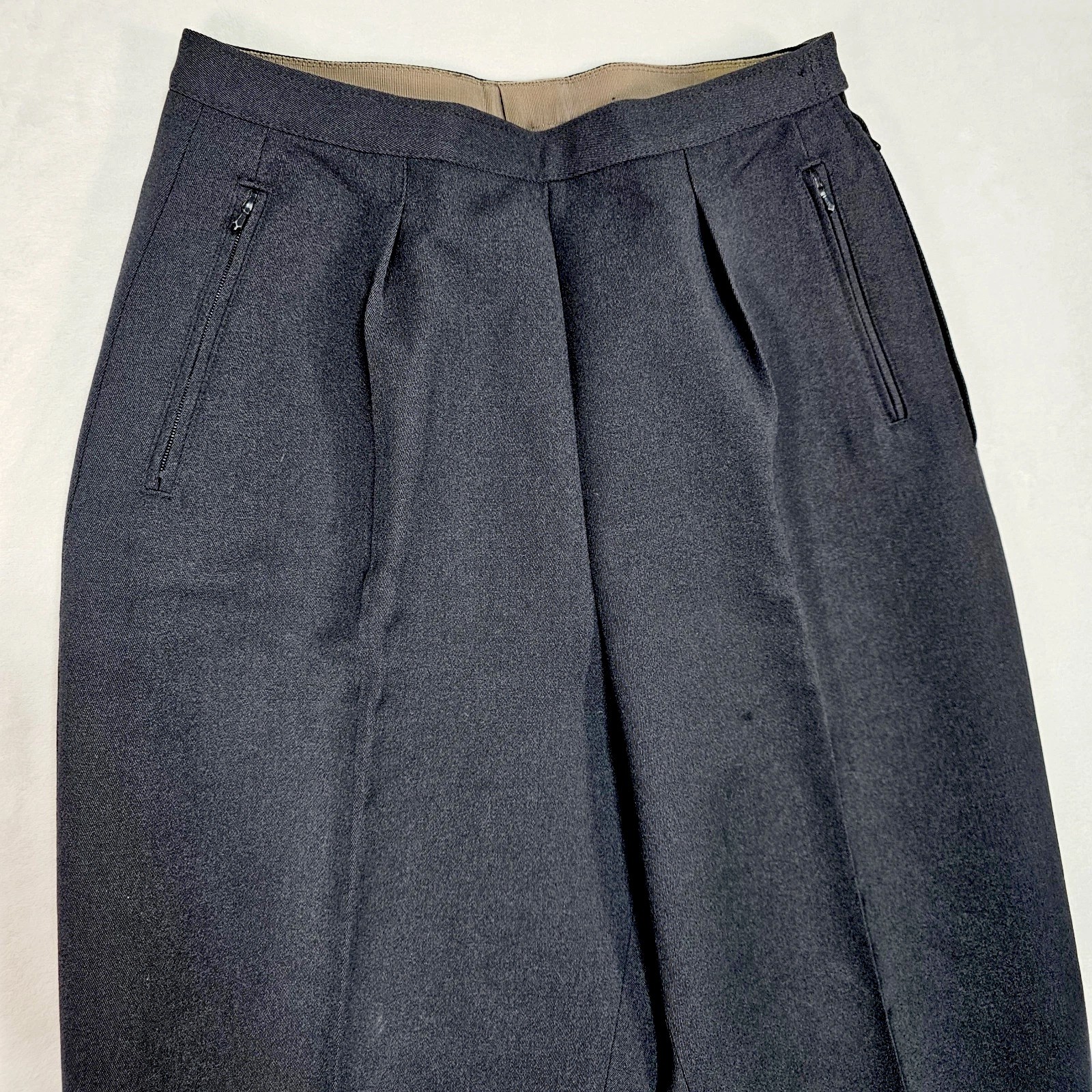 Vtg 1940\'s Trousers Mens 28x26 Flannel Wool Leather Straps Barrel Pleated Navy