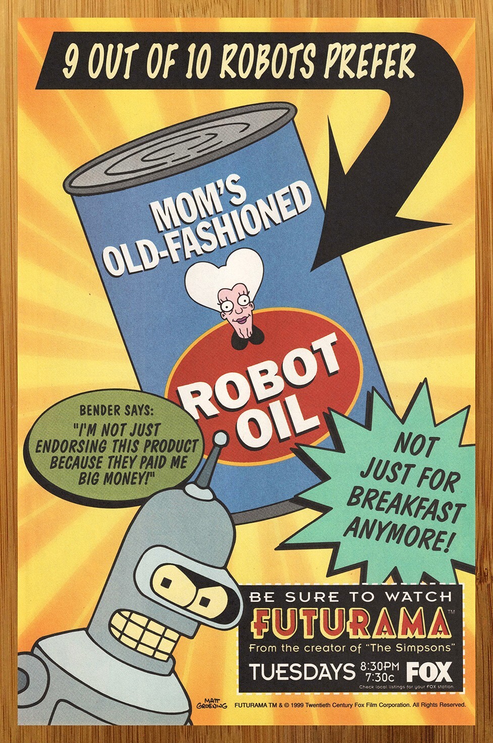 1999 Futurama Print Ad/Poster Fox TV Simpsons Bender Animated Series Promo Art