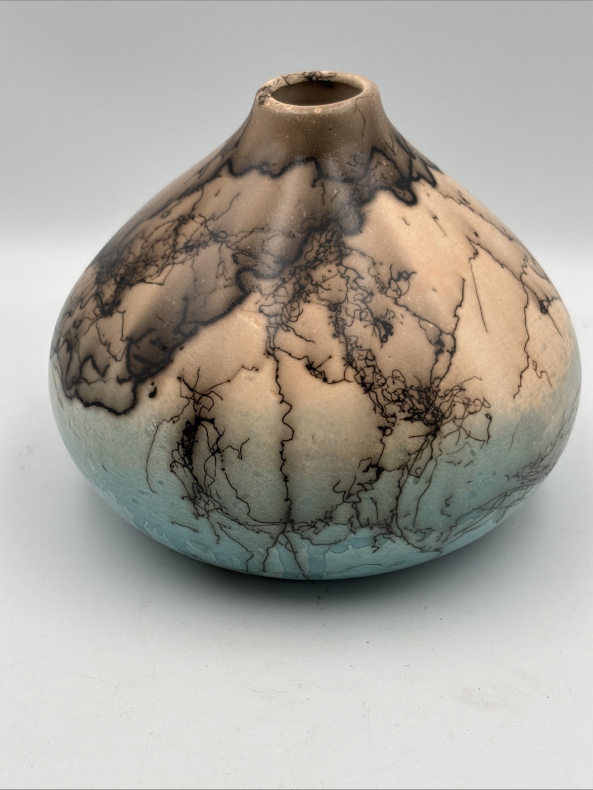 Native American Navajo Horse Hair Raku Pottery 5” Vase Artist Signed MZ Plum
