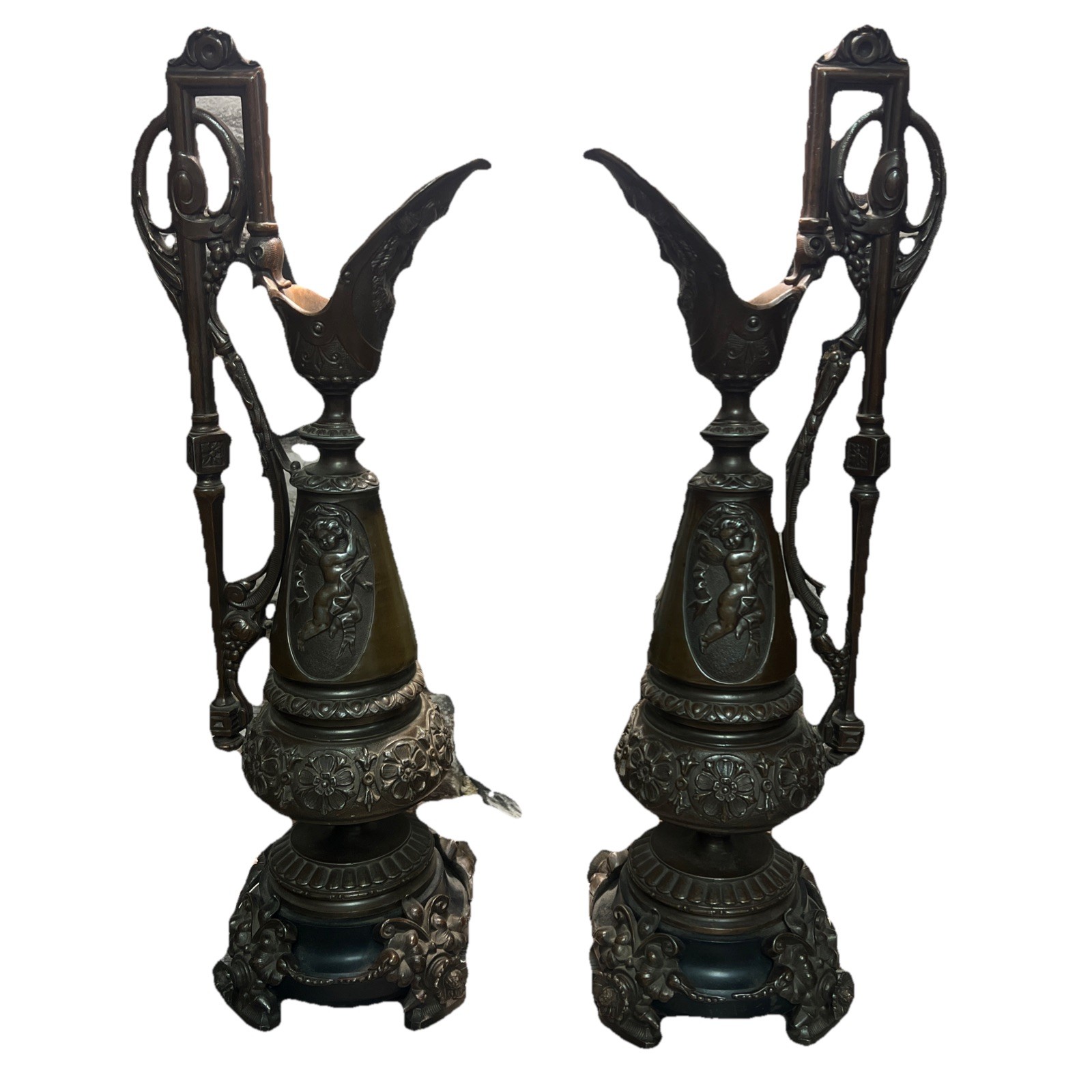 Lot Of 2 Antique Victorian Cast Iron Bronze Urn Pitcher Ewer Incense Burner Lot Of 2 Antique Victorian Cast Iron Bronze Urn Pitcher Ewer Incense Burner