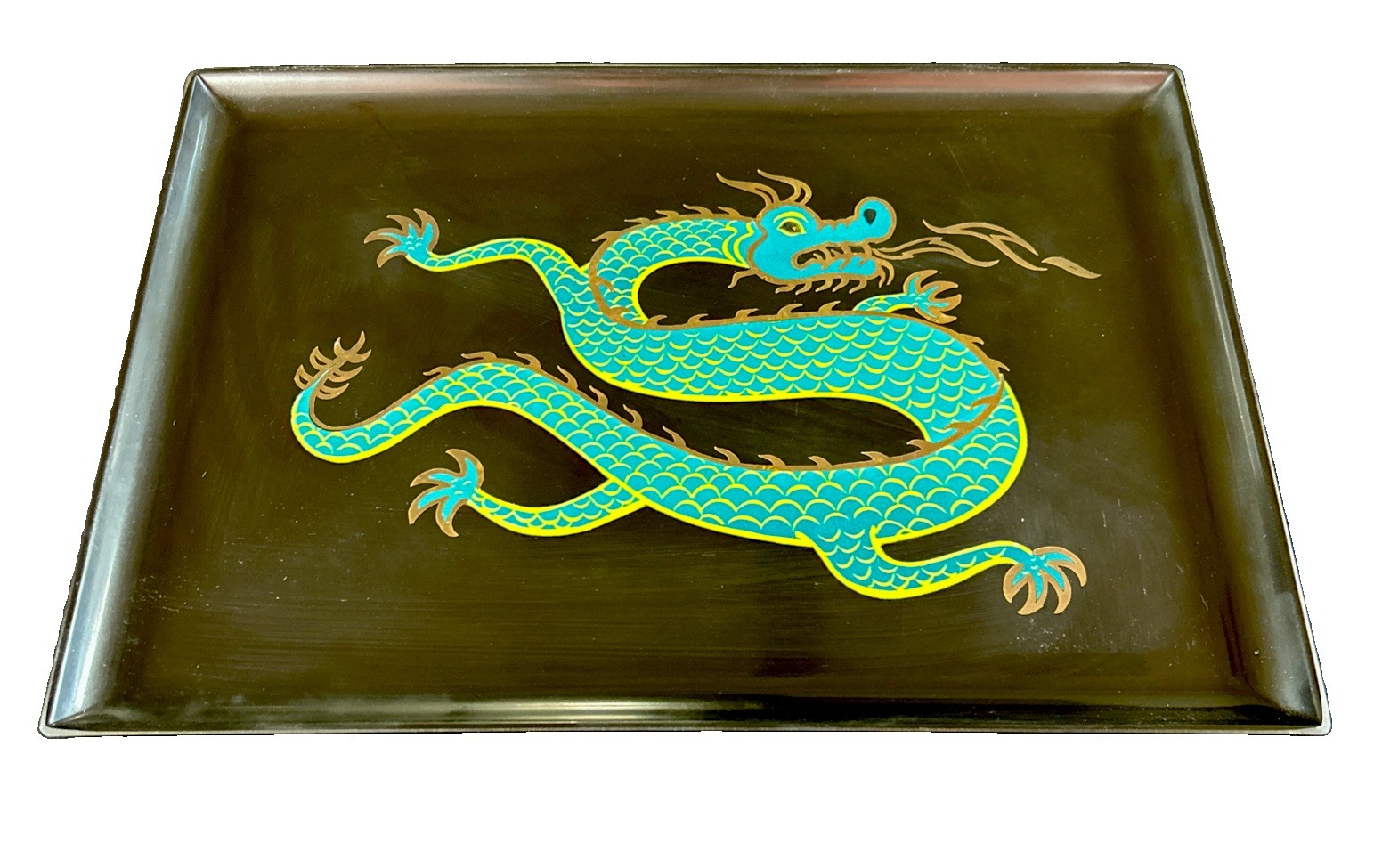 VTG 60s COUROC OF MONTEREY Emerald Green Dragon Serving Tray Black Phenolic 18