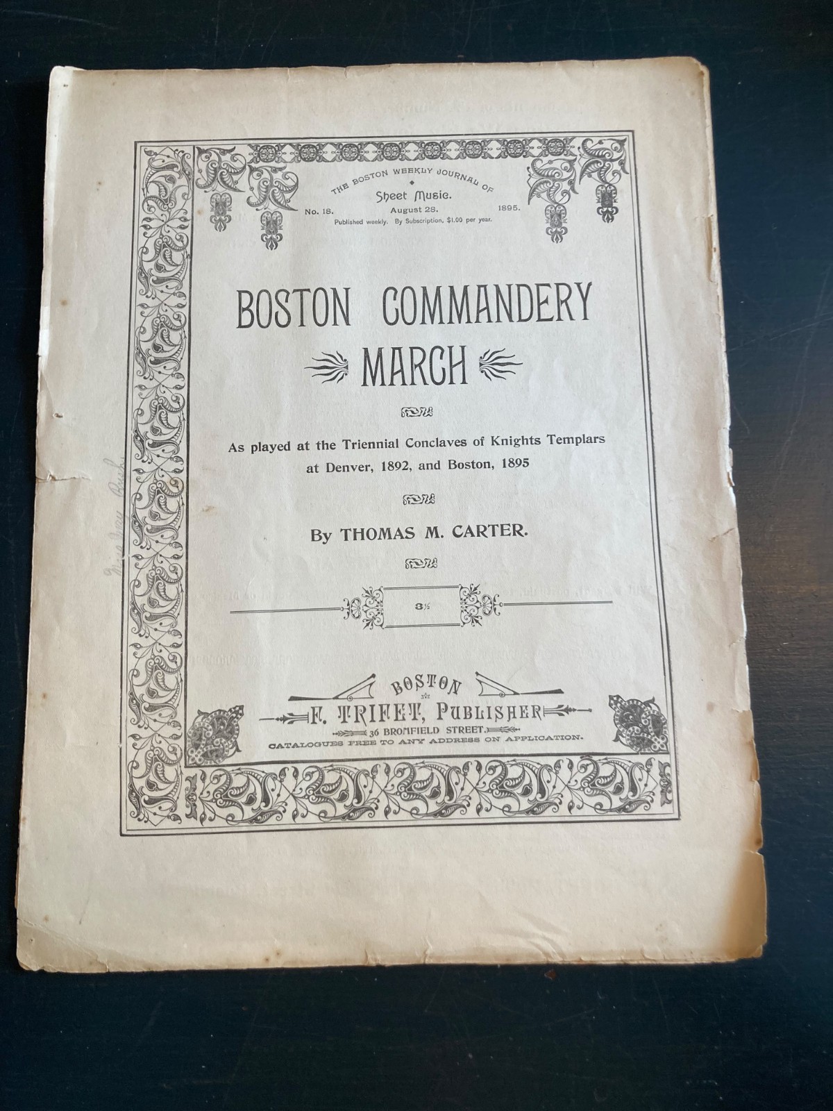1895 Boston Commandery March Knights Templar Masonic Sheet Music Thomas Carter