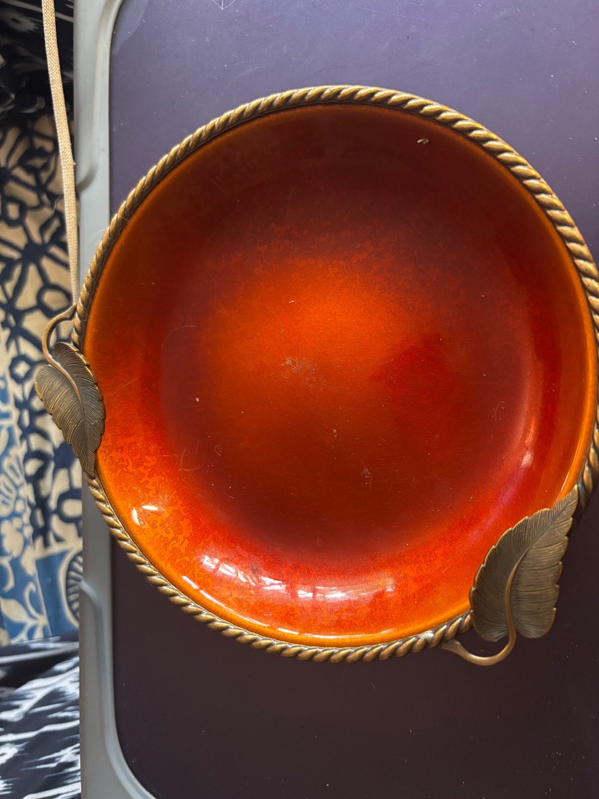 Vintage 1950's Orange Round Guilloche Hand-Enameled Dresser Tray