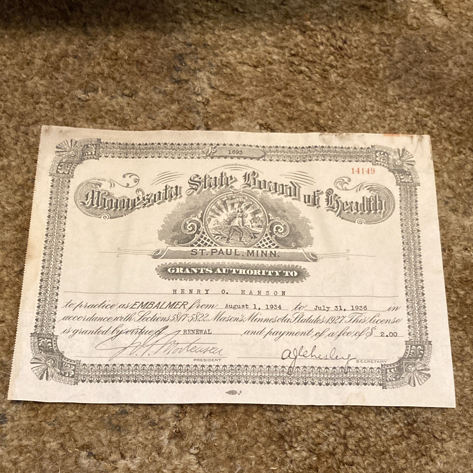 Vintage 1934 Minnesota Embalmers License Spooky Macabre Death Halloween