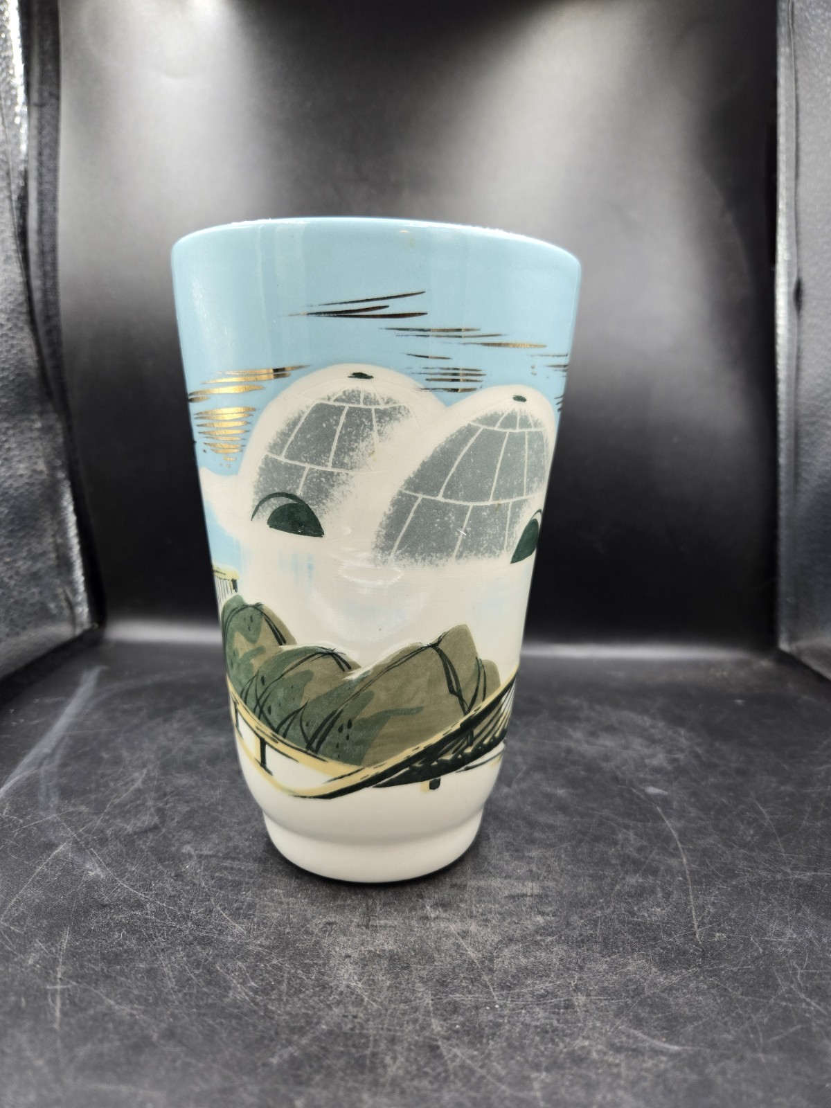 Vintage Signed Matthew Adams Alaskan Sled Igloo Scene Pottery Vase #126