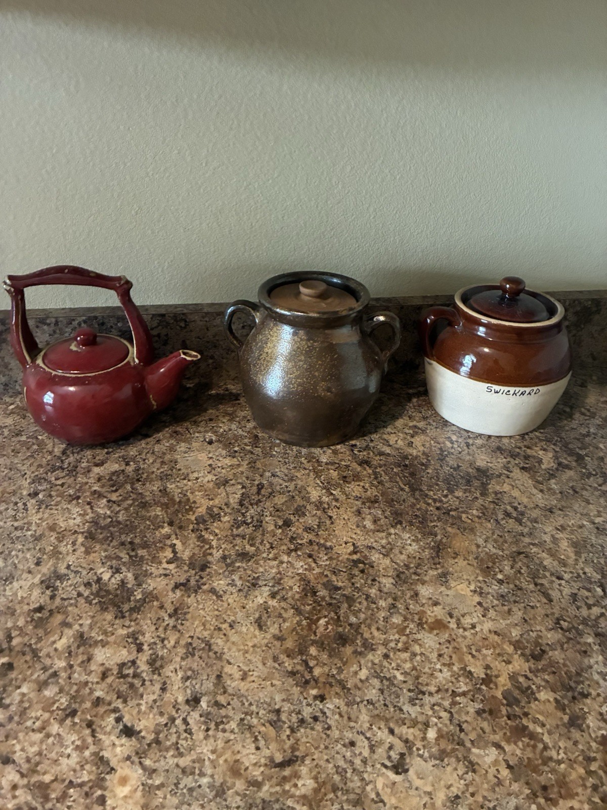 Dark Brown Ceramic Crockery Bean Pot w/ Tea Pot Single Handle & Lids