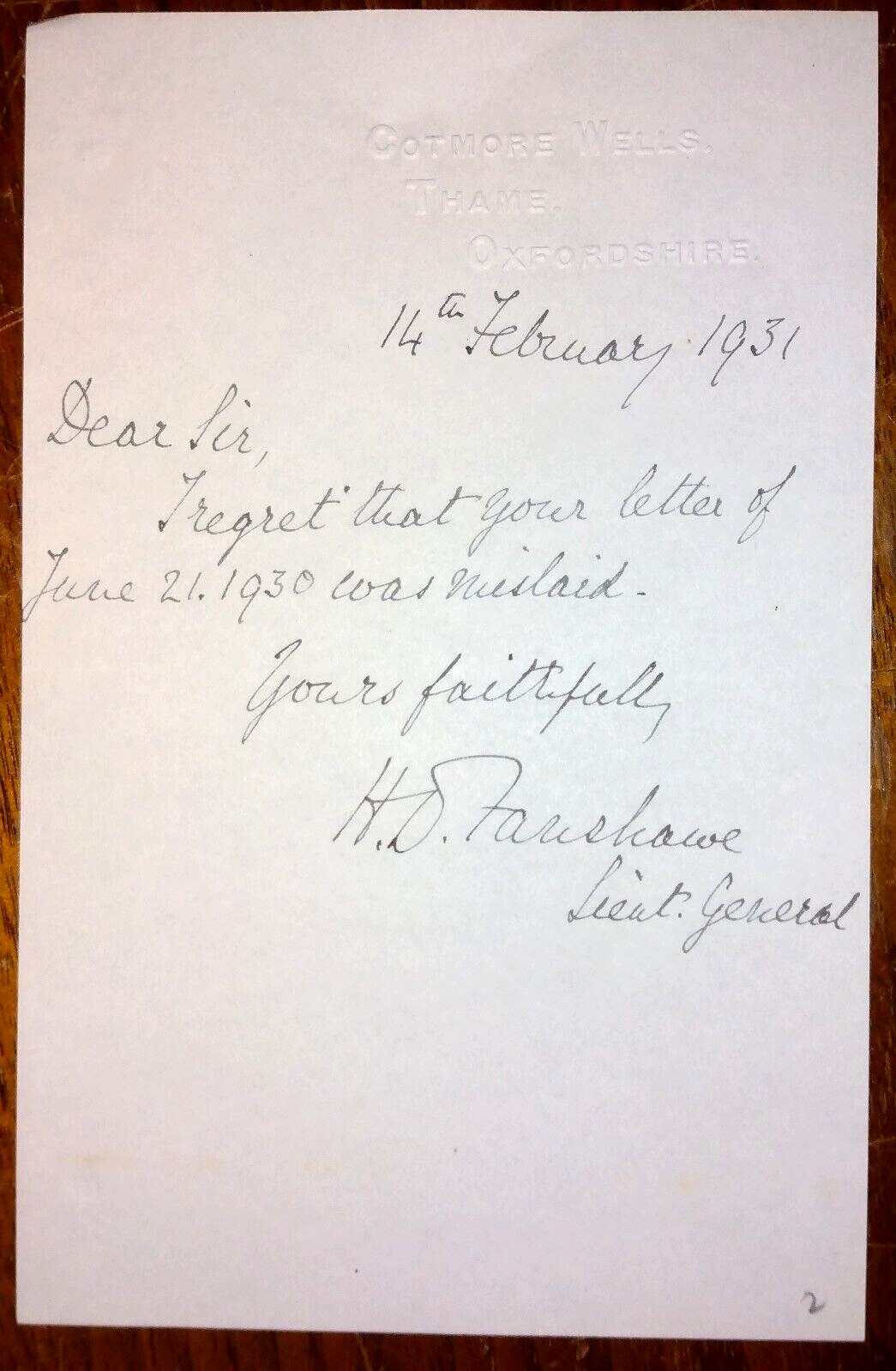 Lt General Sir Hew Dalrymple Fanshawe (1860-1957) Autograph ~ Signed Letter