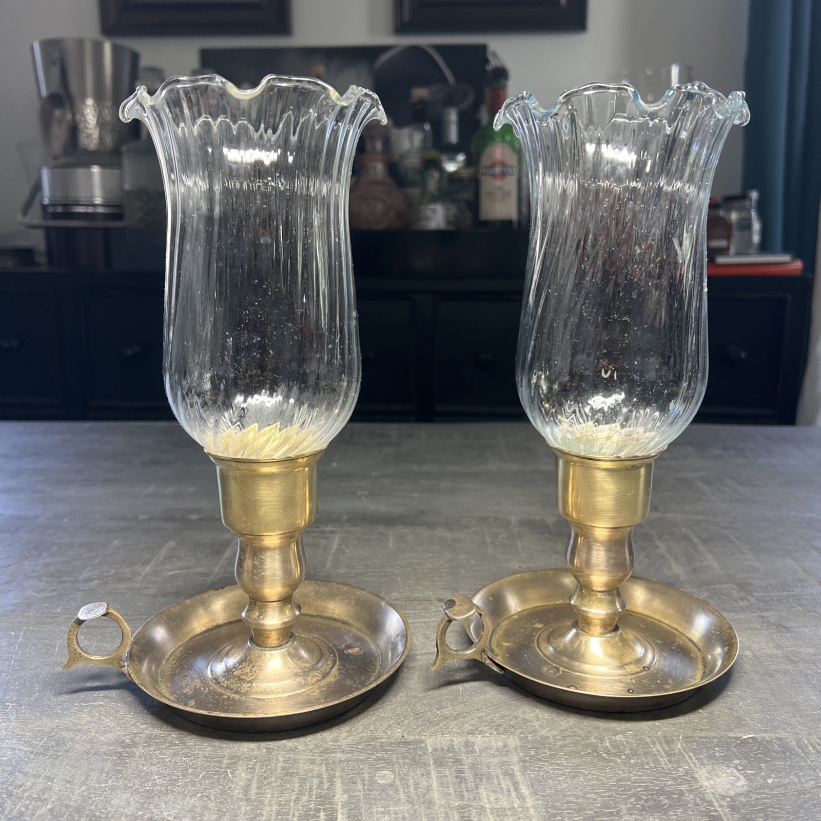 Vintage Leonard EPNS Chamberstick Candle Holder Fluted Glass Lamp 10” Tall Pair