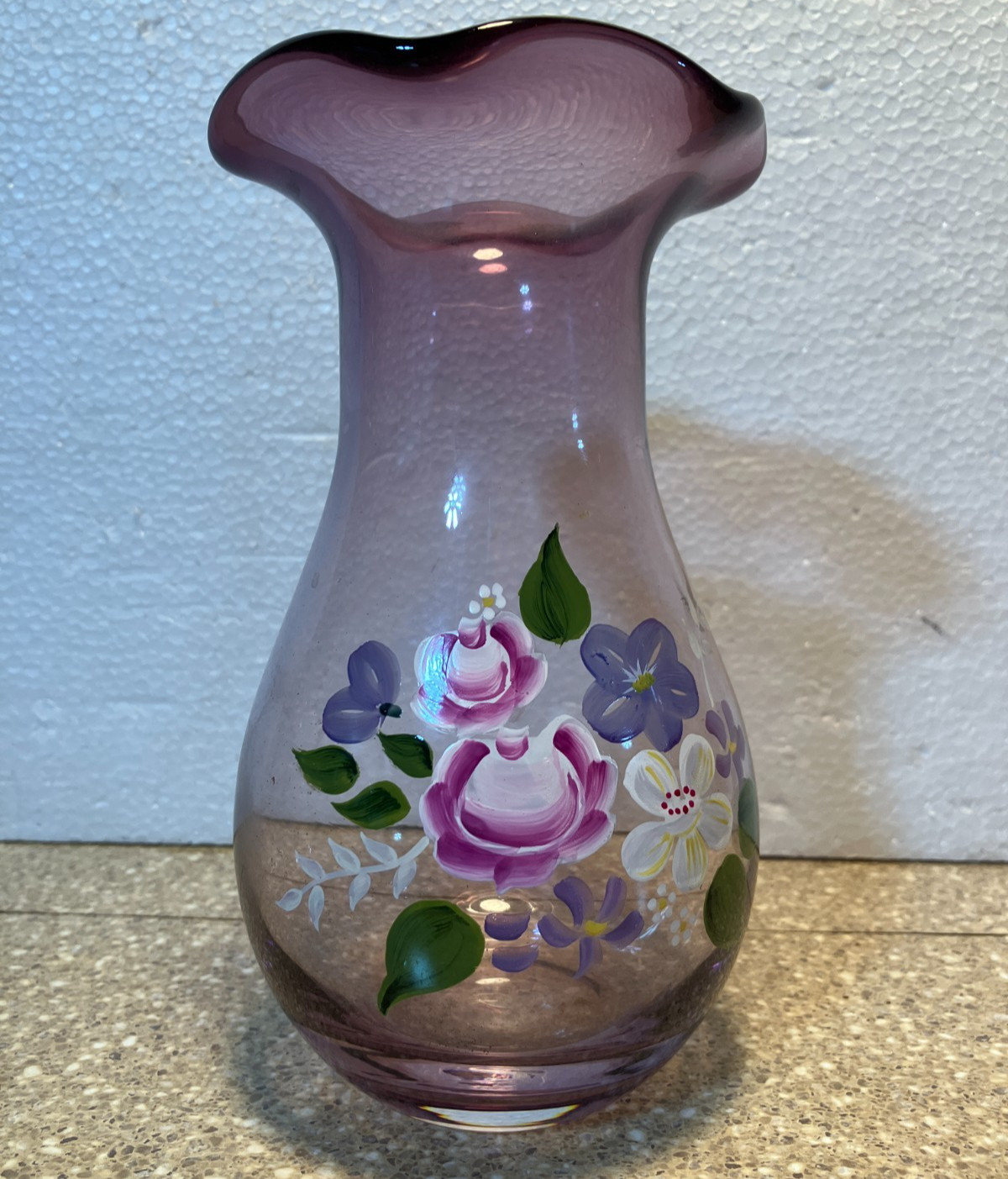 Fenton Teleflora Vase Hand Painted Flowers Ruffled Top Amethyst Purple 8\ Fenton Teleflora Vase Hand Painted Flowers Ruffled Top Amethyst Purple 8\