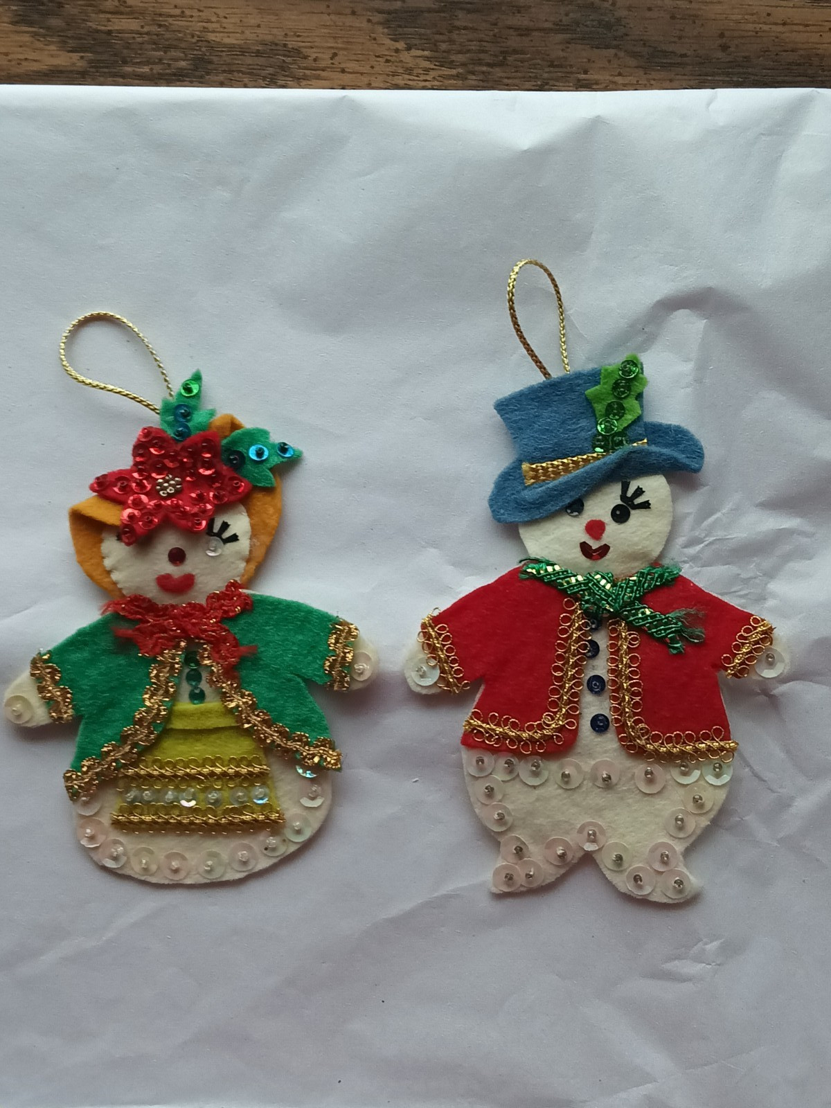 VINTAGE FELT SEQUIN SNOWMAN/FROSTY  HANDMADE CHRISTMAS ORNAMENTS