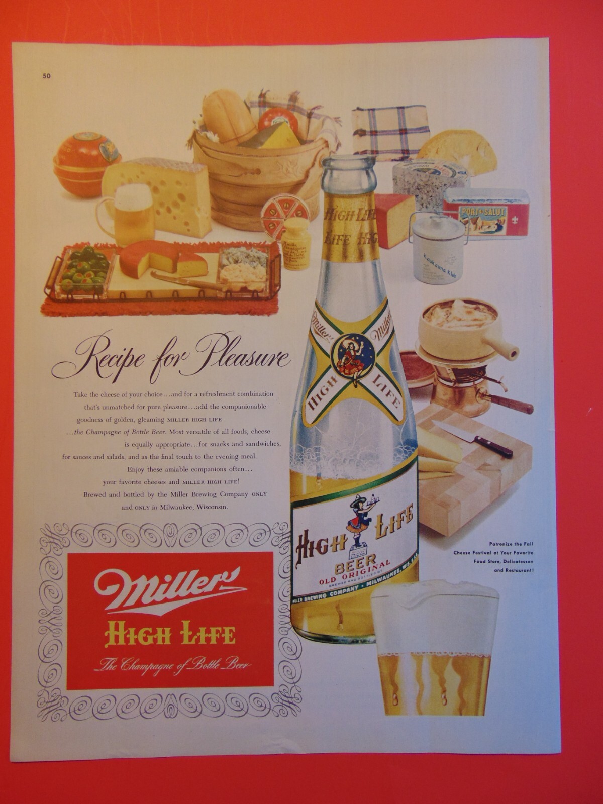 1952 MILLER HIGH LIFE BEER Fall Cheese Festival photo art print ad
