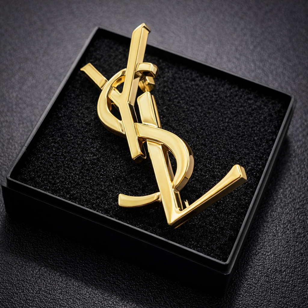 YSL Small Gold Brooch for Hat Scarf Tie Collar Lapel Pin Saint Laurent Blazer