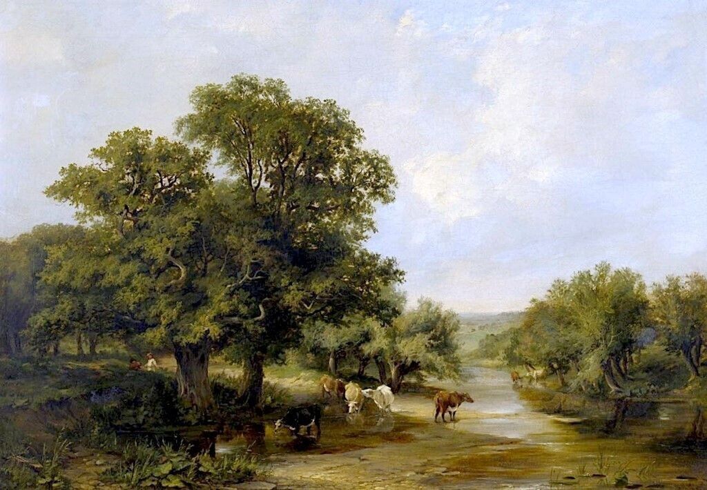 Oil painting River-Landscape-Sidney-Richard-Percy-Oil-Painting-cows by river art